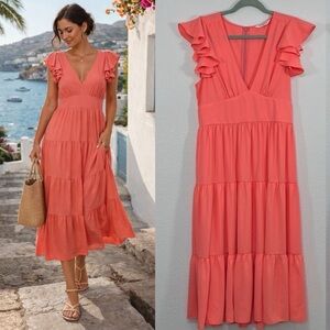 Amanda Uprichard Annette Dress Neon Ballet size Medium Coral Ruffle‎ Sleeve Midi